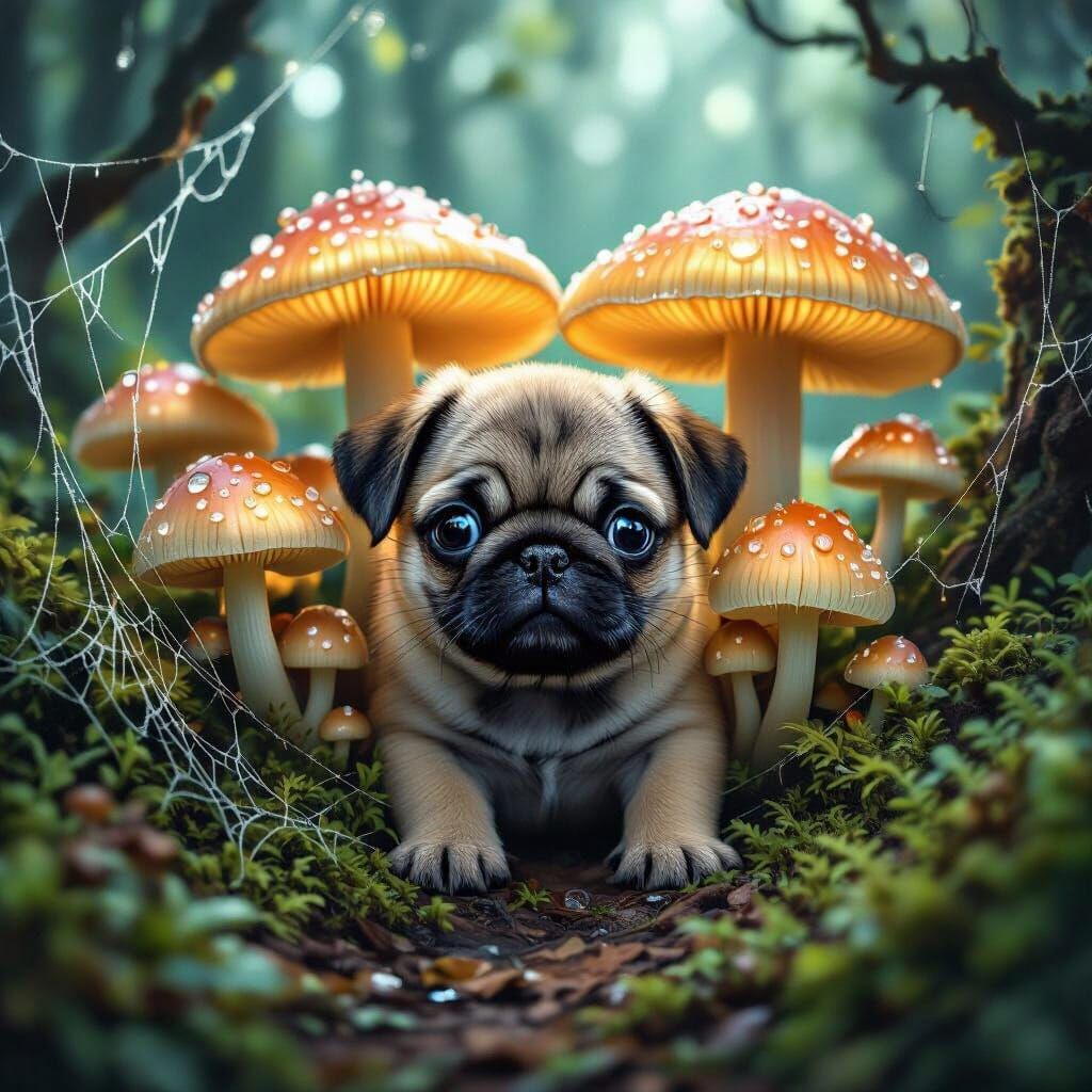 Curious Pug Puppy Amongst Bioluminescent Mushrooms in Enchan...