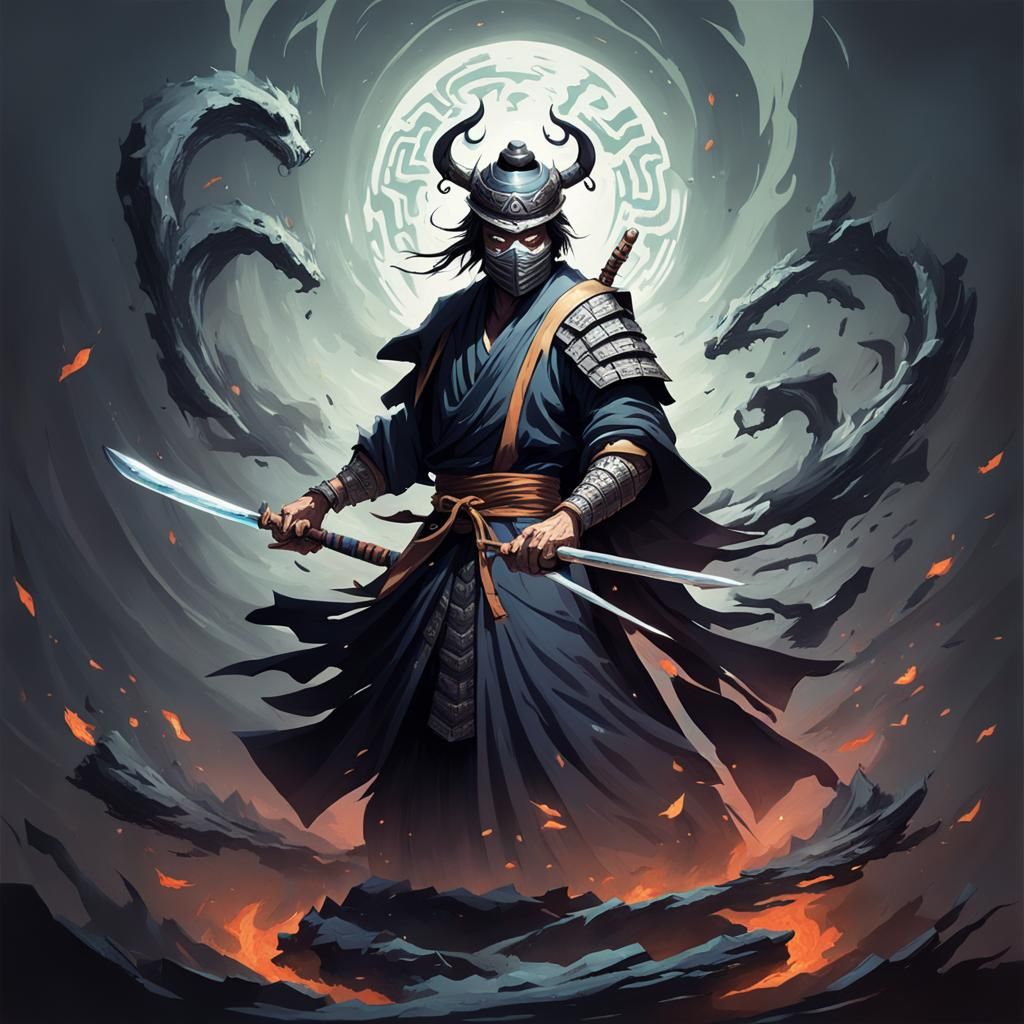Samurai Sorcerer with Magical Sword, Sinister Fantasy Art
