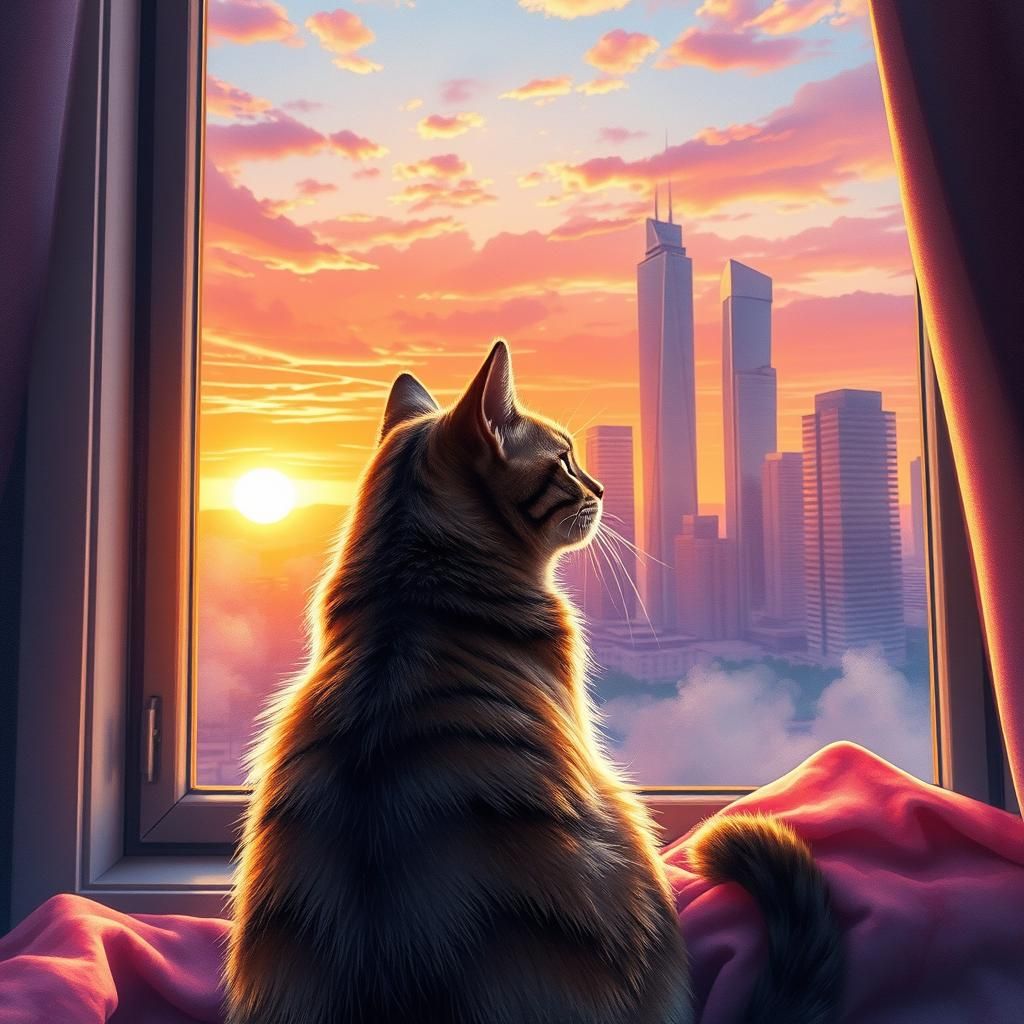 Tabby Cat Gazing at Sunset Cityscape in Watercolor