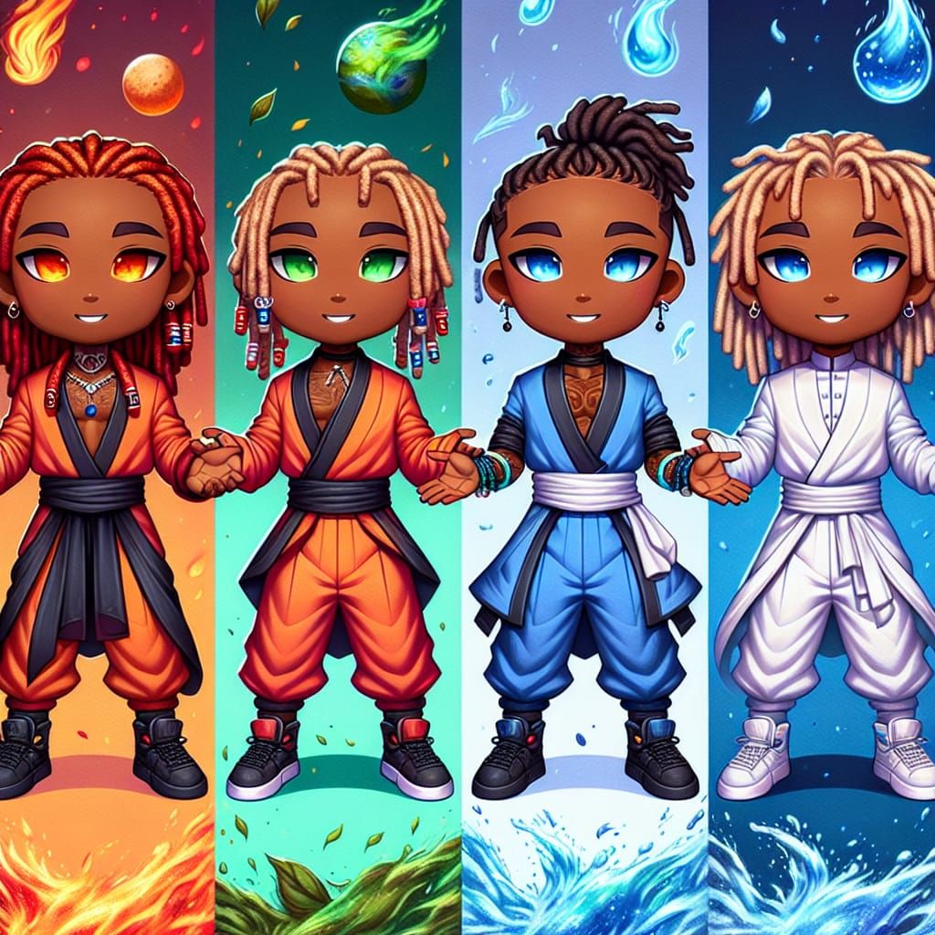 Four chibi caramel African American men full body portraying the elements fire is wearing a red and orange two-piece set...