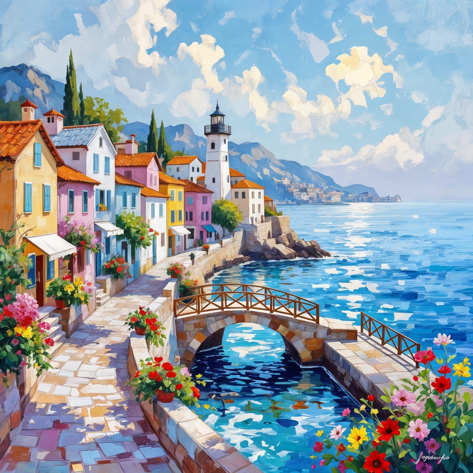 Picturesque Flowery Town Morning Landscape