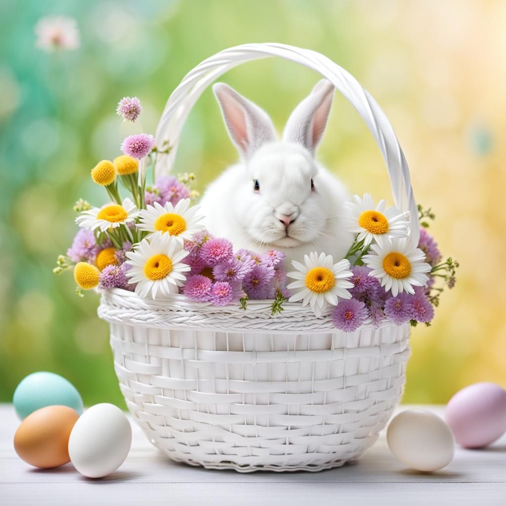 White Bunny with Easter Egg and Flowers