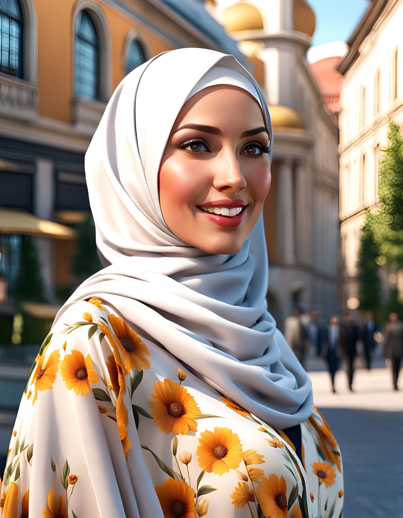 Beautiful Woman in Hijab and Floral Dress