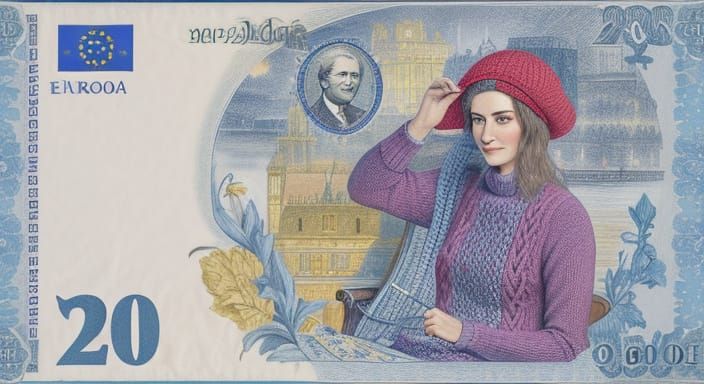 Beautiful Woman Knitting on European Banknote