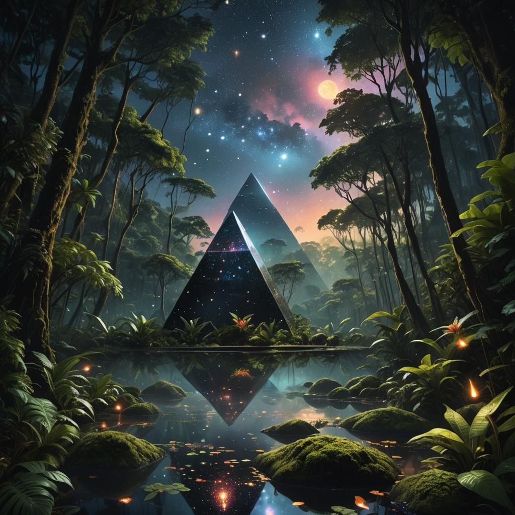 Floating Pyramid in Bioluminescent Rainforest: Fantasy Conce...