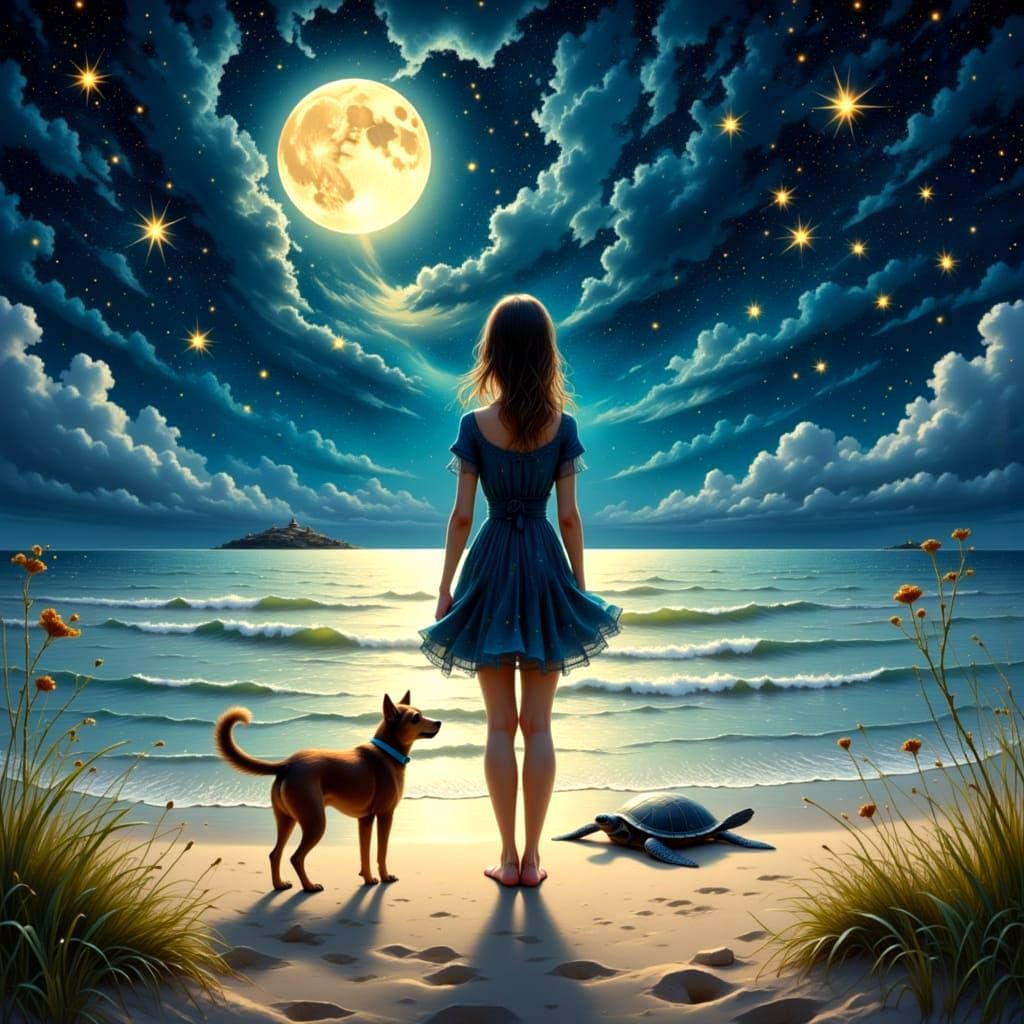 Cosmic Beach Panorama with Woman, Dog and Turtle