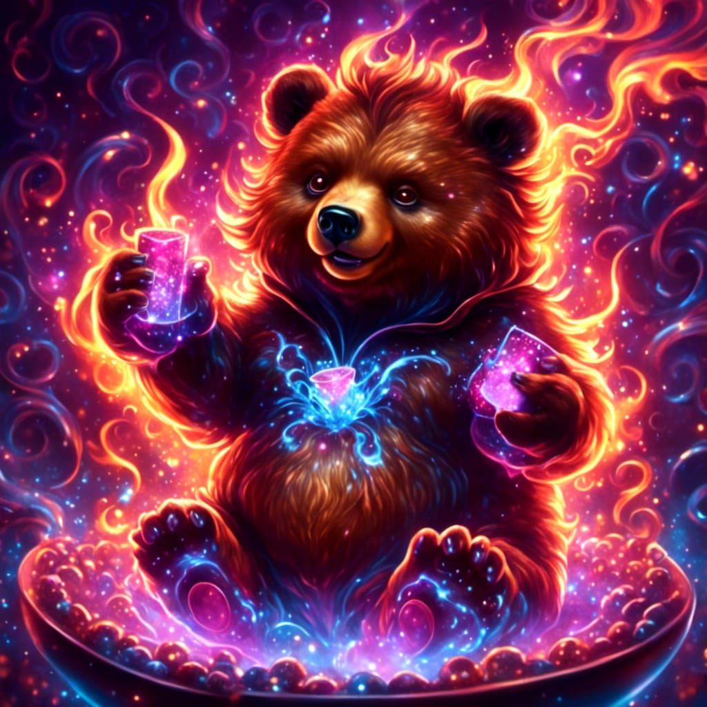 Chibi Demon Bear Cub Bathed in Electric Fire