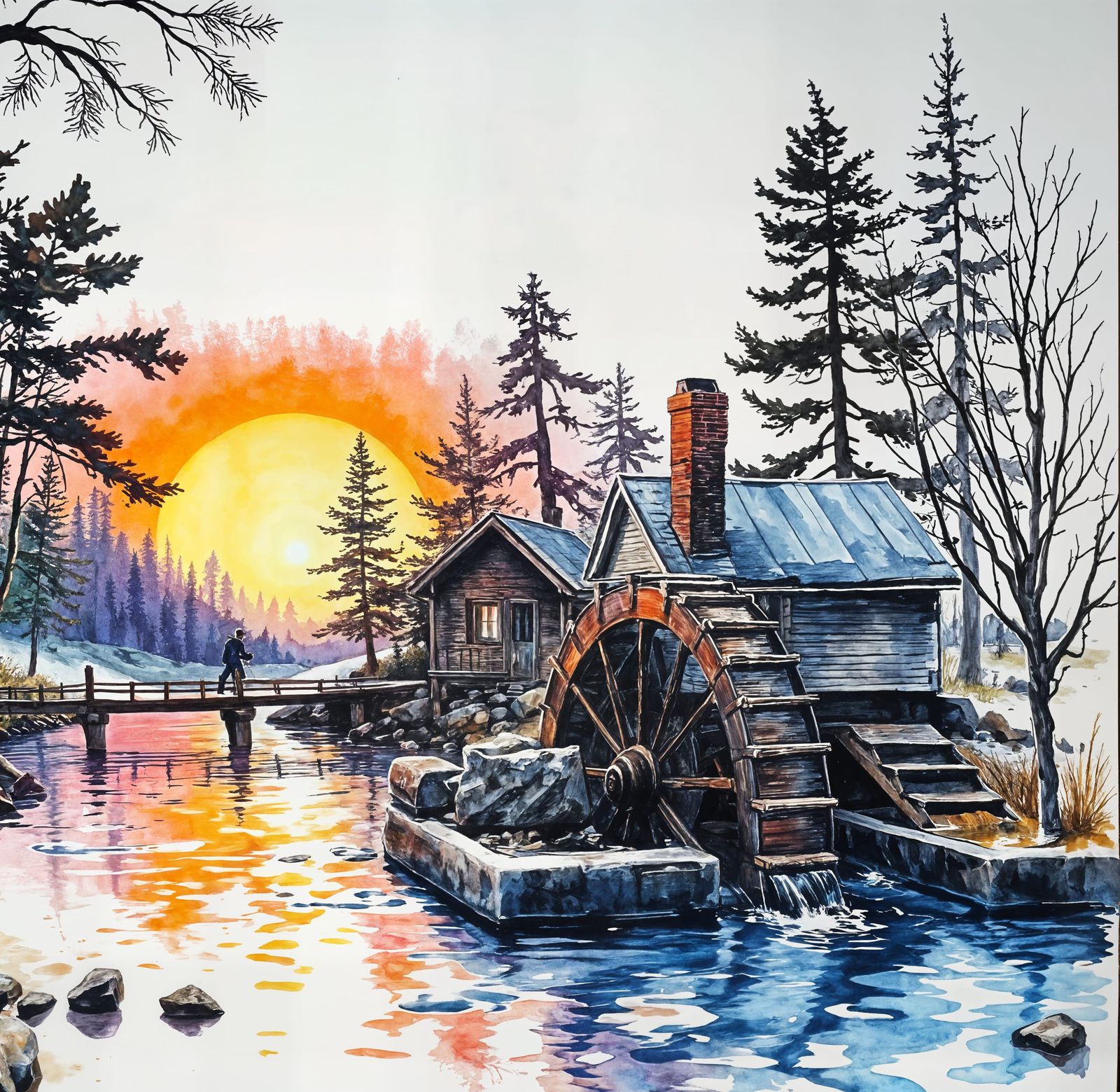 Whimsical Sundown Waterwheel Scene in Bold Alcohol Ink