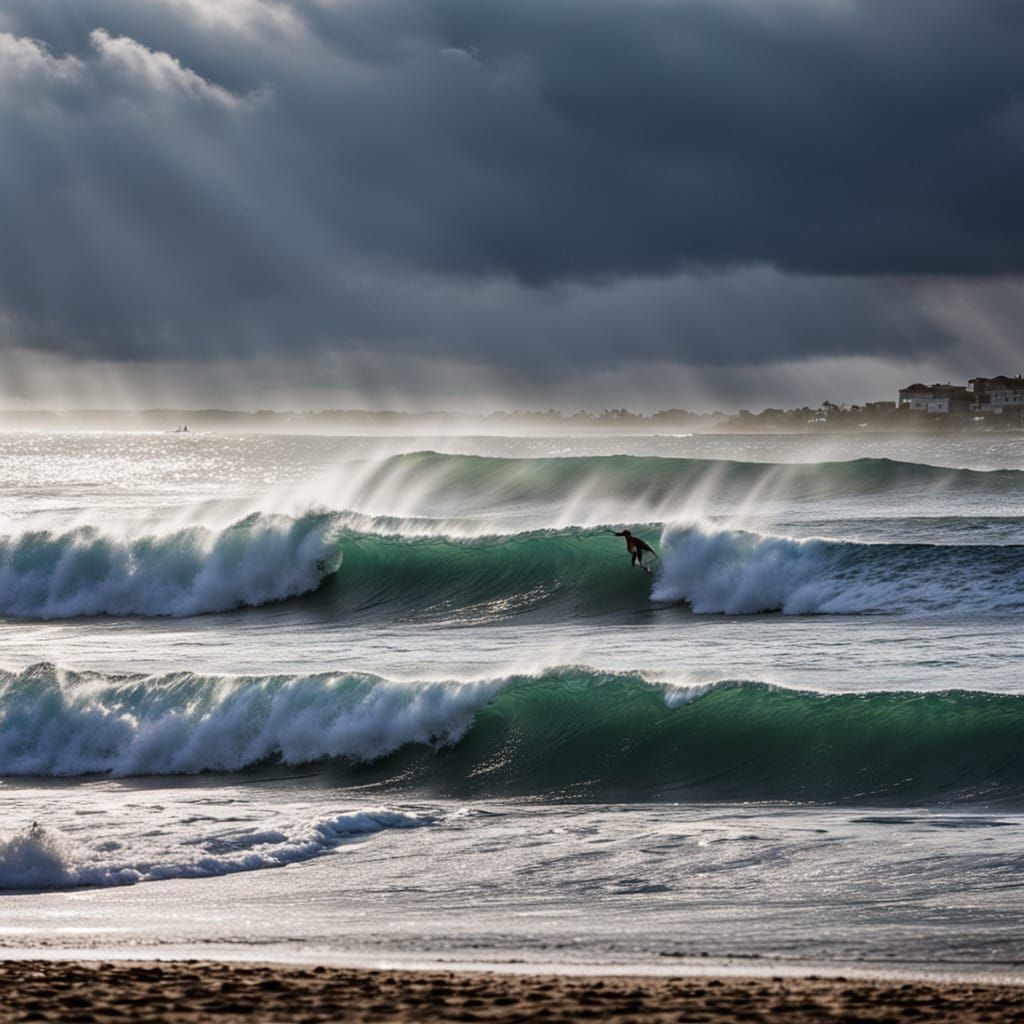 Stormy Beach with Surfers and Lightning