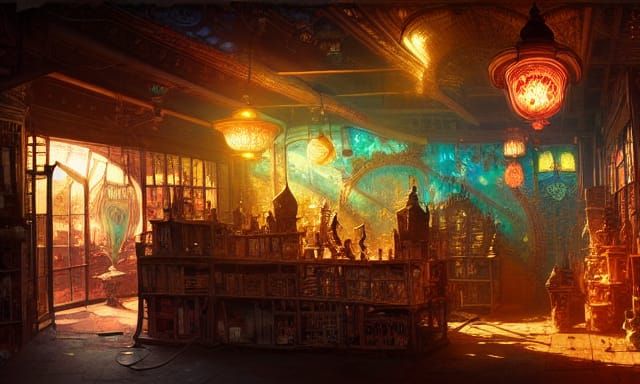 Elaborate Lamps Magic Store in Fantasy Art Style