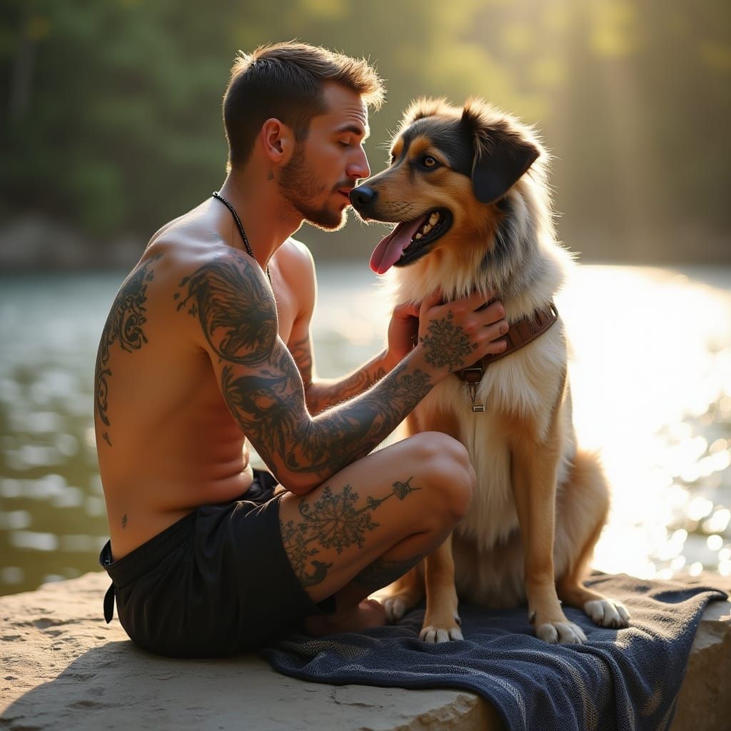 Man and Dog Bond on Limestone Rock in Golden Hour