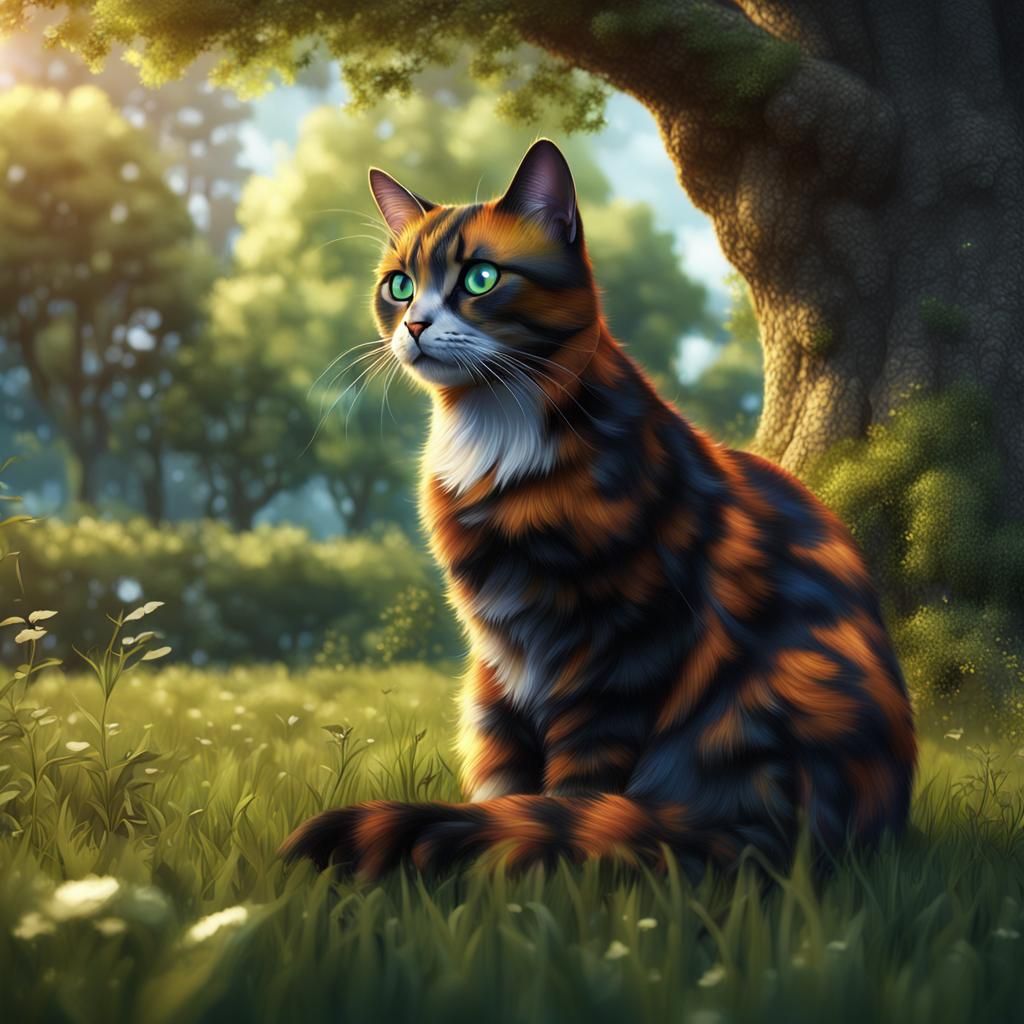 Tortoiseshell Cat in Grassy Field: Fantasy Concept Art