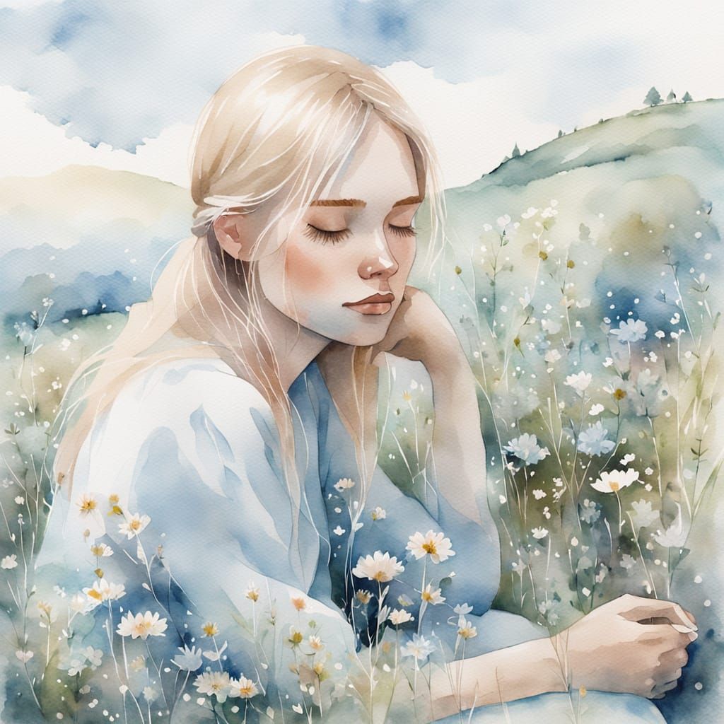 Dreamy Girl in Meadow: Watercolor Illustration
