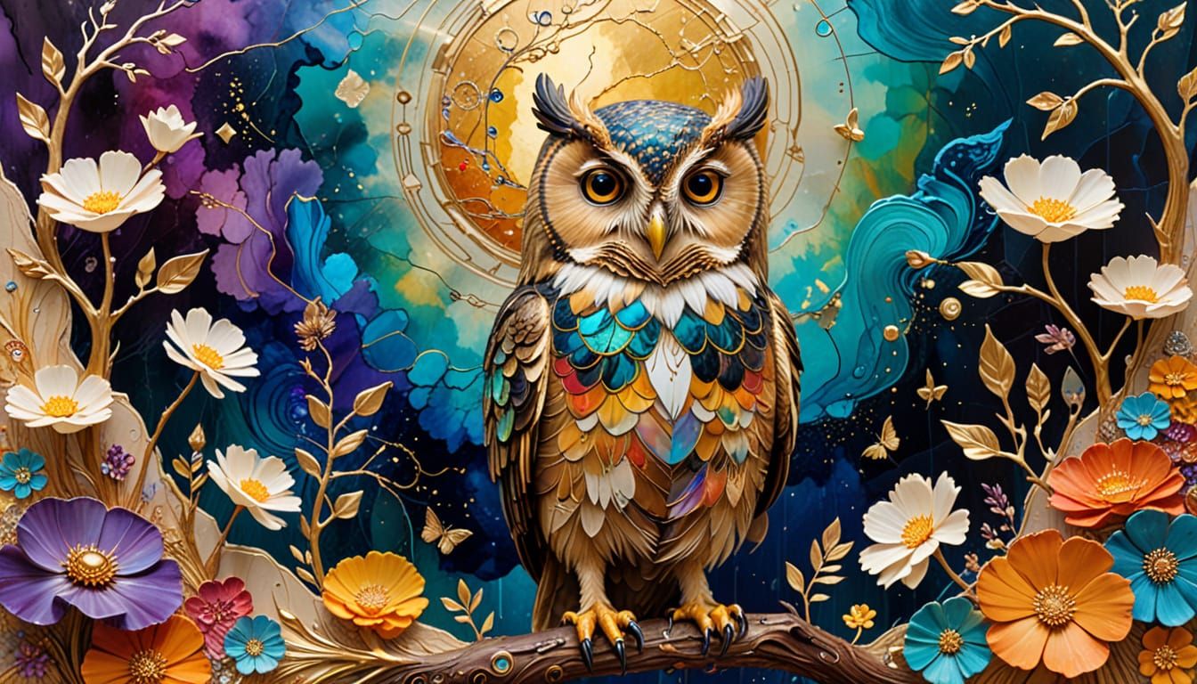 Owl and Duckling in Dreamlike Surrealist Kintsugi Landscape