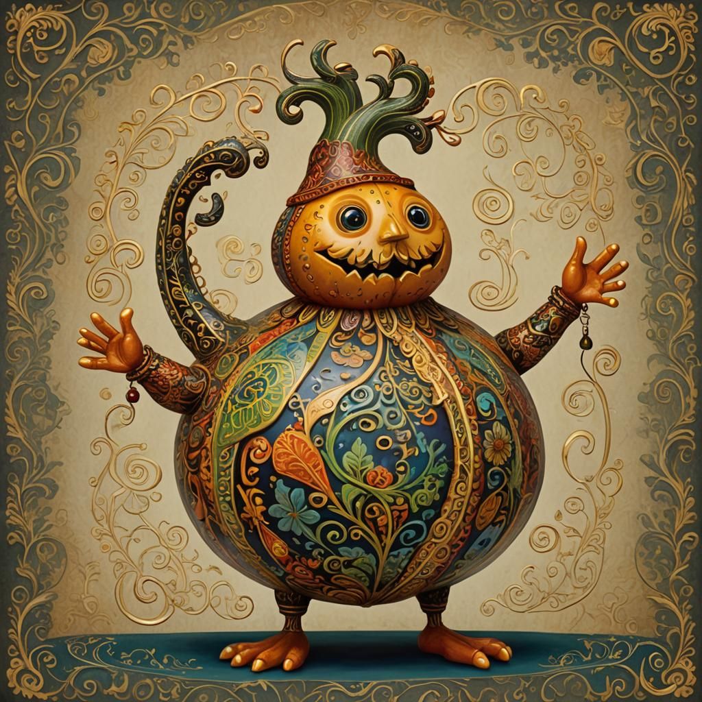 Whimsical Anthropomorphic Gourd with Sign, Folk Art Style
