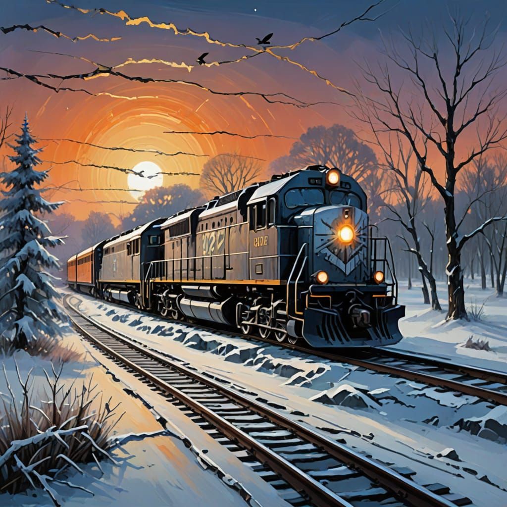 Two Birds on Branch at Sunset in Winter Landscape