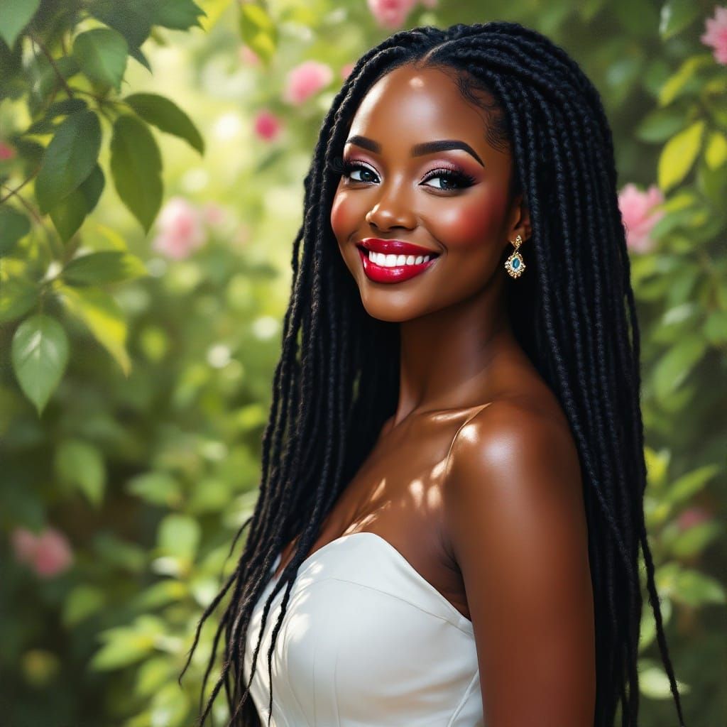 African Goddess in Lush Garden - Realistic Oil Painting