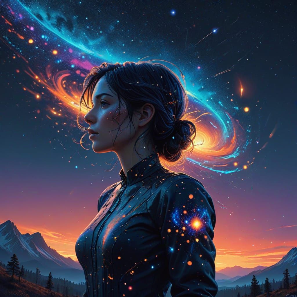 Stardust Goddess Silhouette in Cosmic Night Sky