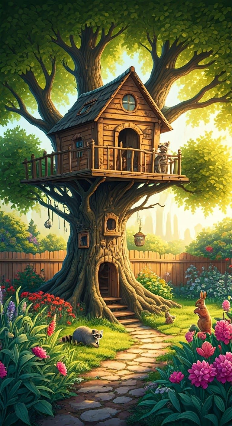 Whimsical Woodland Friends Play in Sunny Treehouse