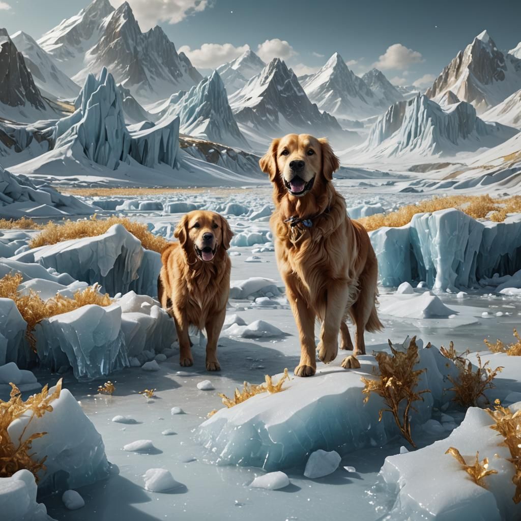 Golden Retriever in Icy Fantasy Landscape