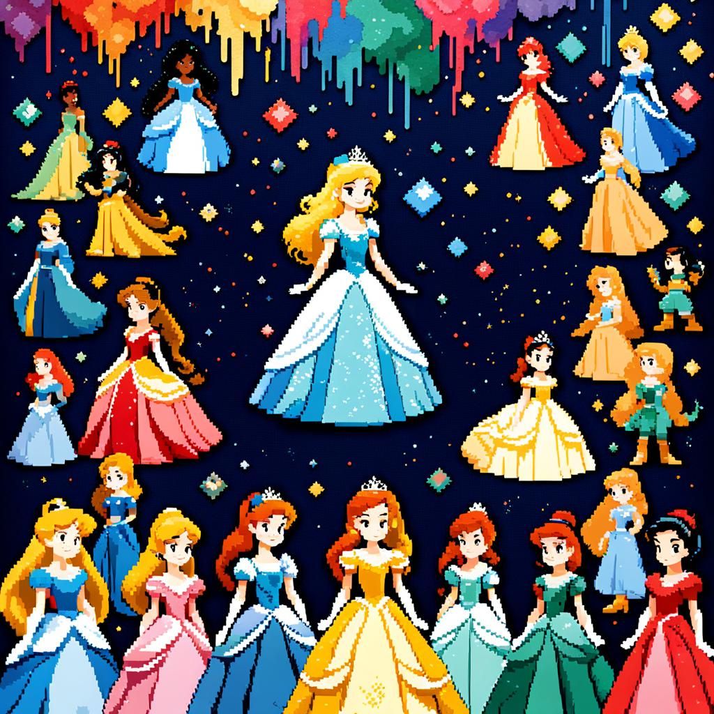 Disney Princesses Pixel Art in Abstract Style