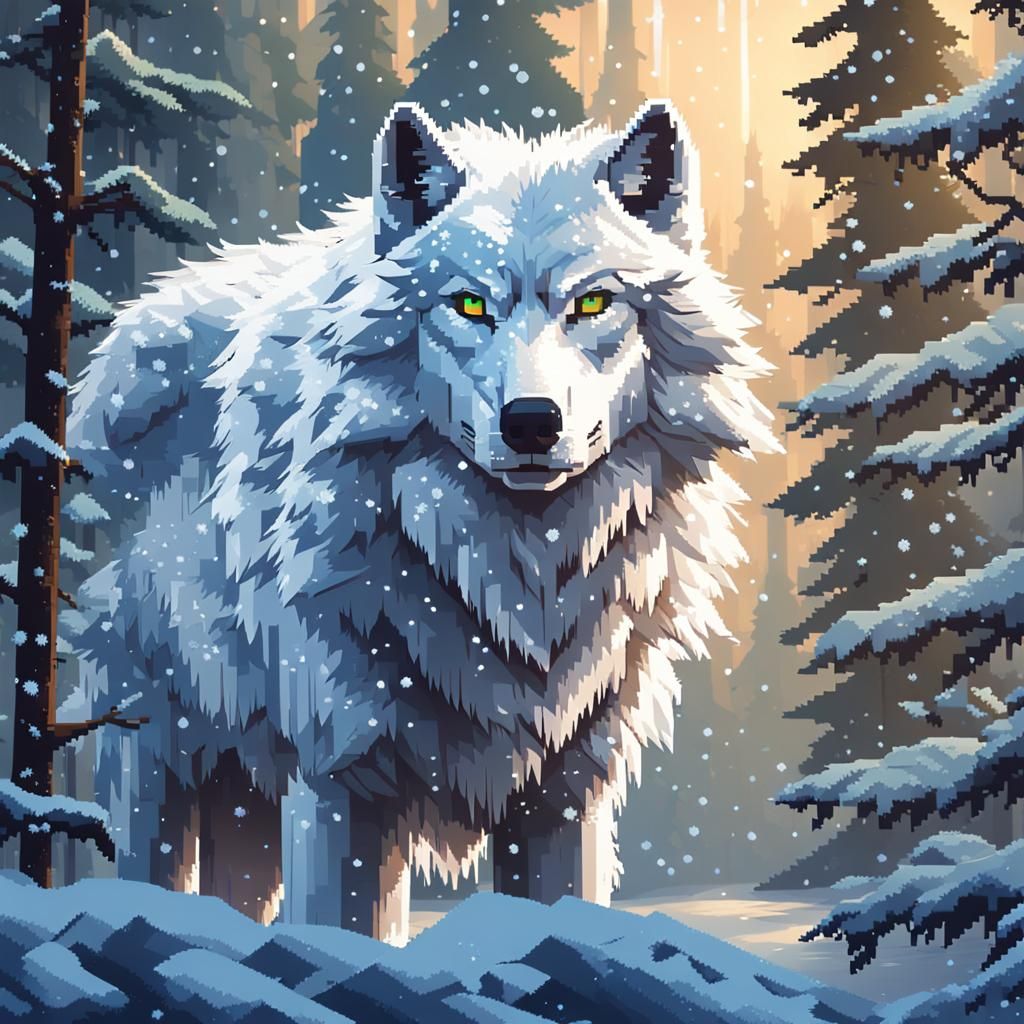 "Weißer Wolf in Pixelkunst,
Wilder Ausdruck, der stark in ei...