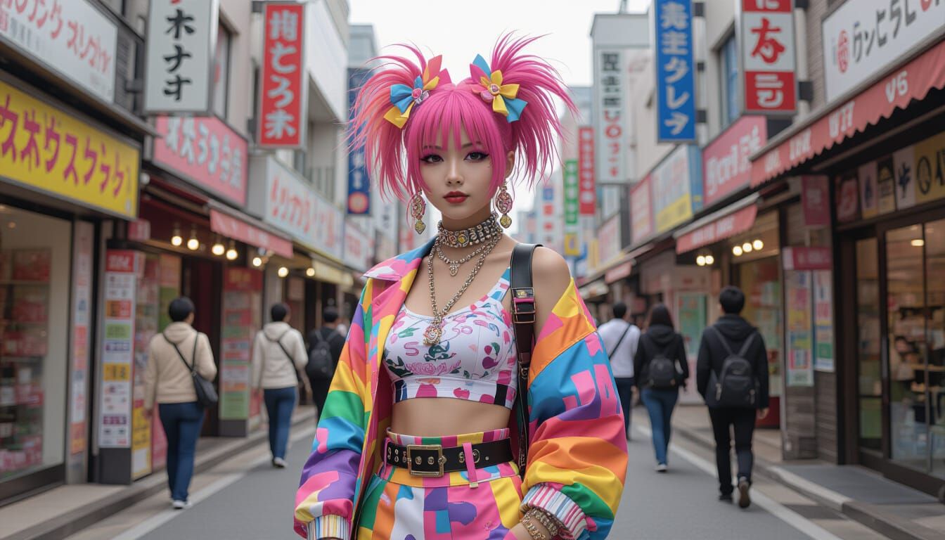 Punk Gyaru Girl Exploring Okinawa in Cyberpunk Style