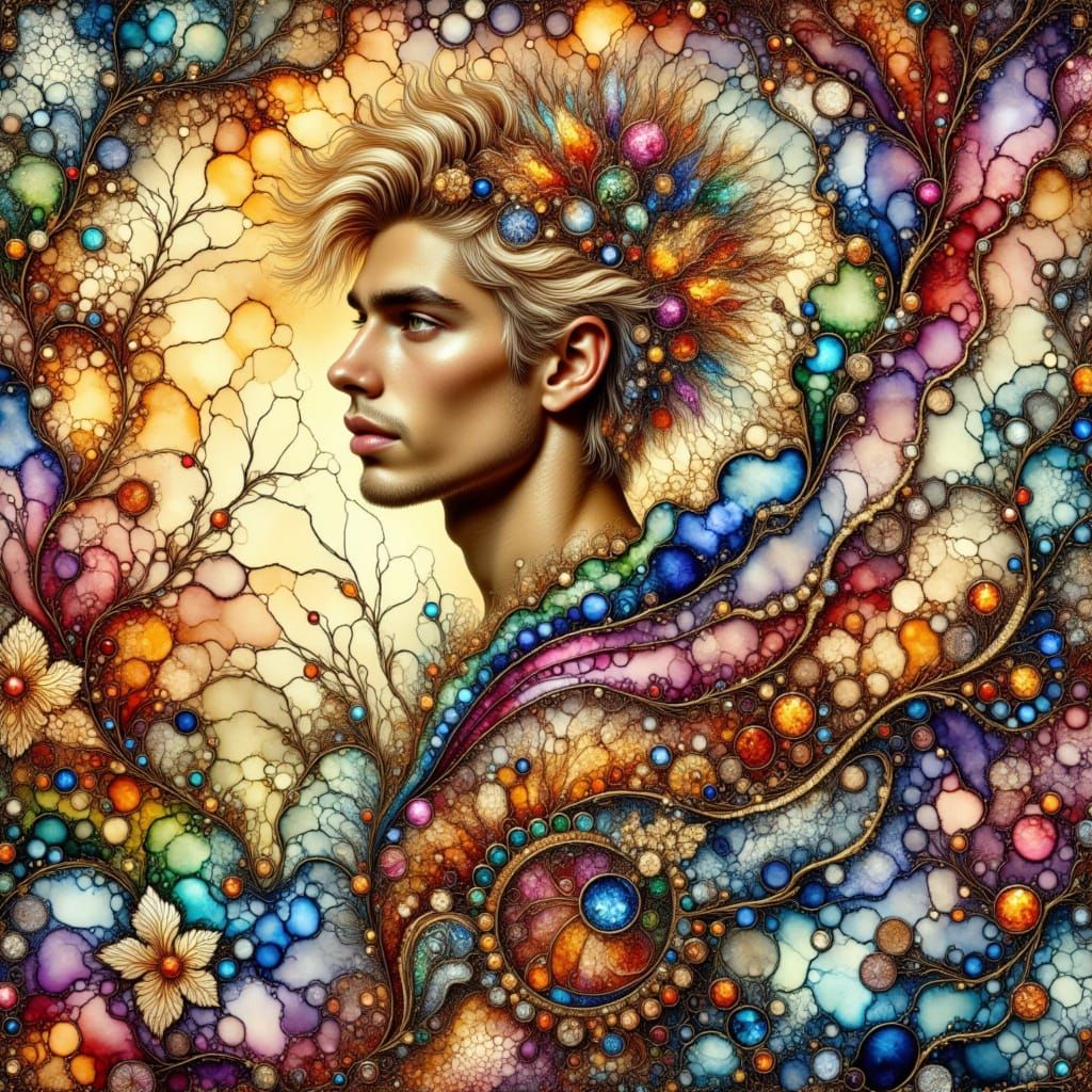 Ornate Portrait with Sunset Waterfalls in Stained-Glass Styl...