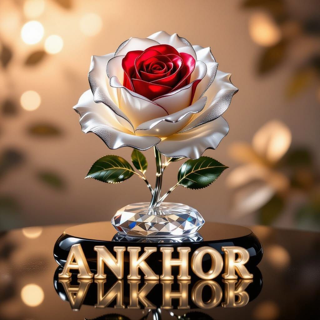 Hyperrealistic Rose Sculpture with Silver Edges and Ruby Hea...