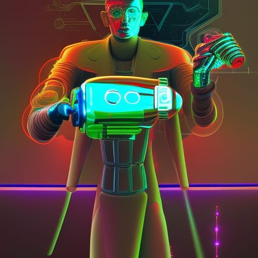 Cosmic Cyborg Bartender in Holographic Illustration