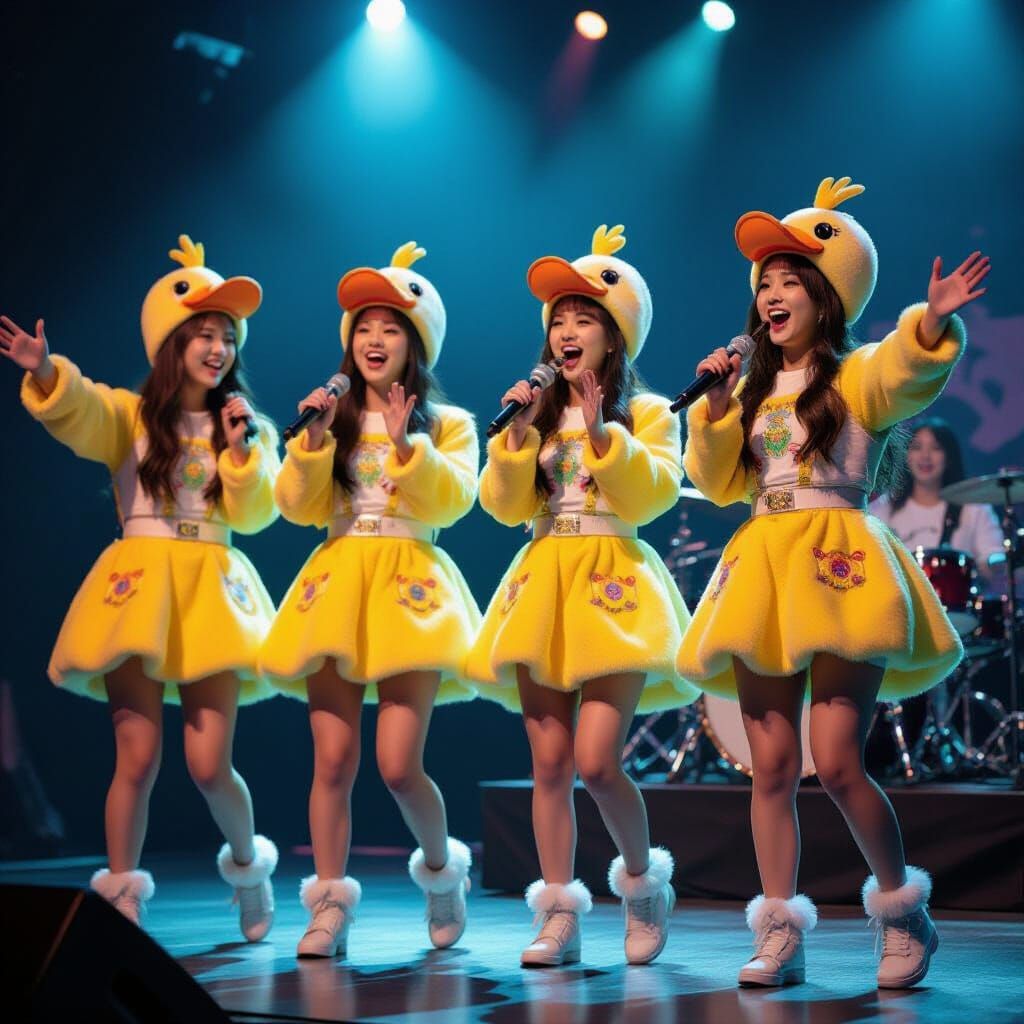 K-Pop Girls in Duck Costumes on Stage