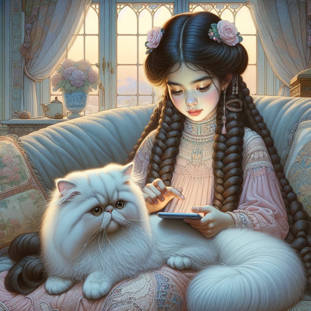 Girl with Kitten in Dreamy Art Nouveau Style