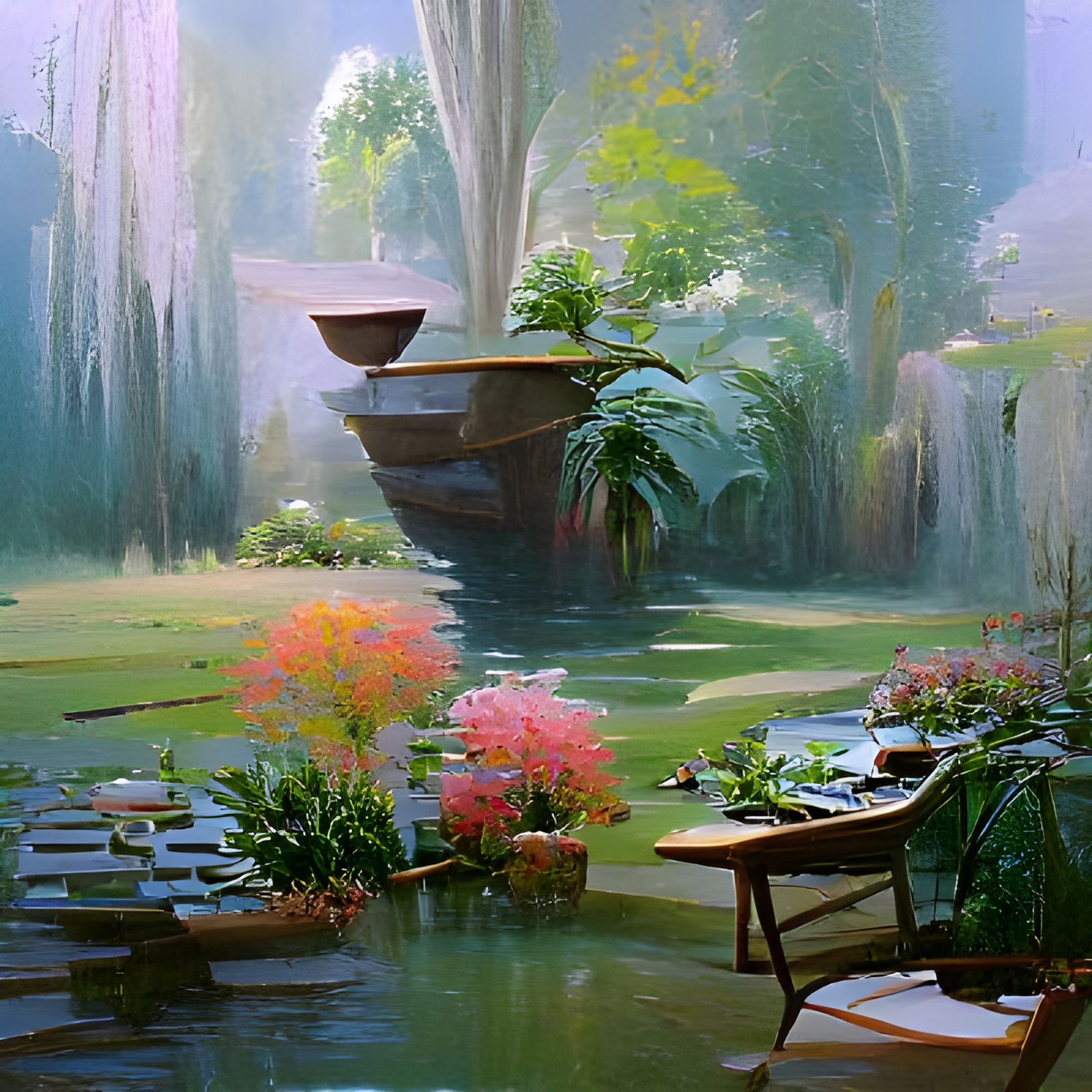 Serene Garden in Oil Painting Style