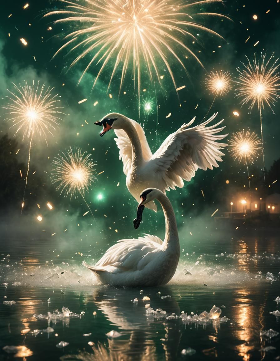 Magical Swan and Emerald Hearts in Fireworks Display
