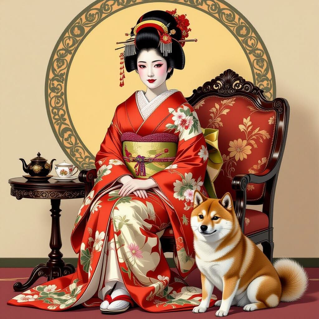 Geisha and Shiba Inu with Tea Set in Art Nouveau Style