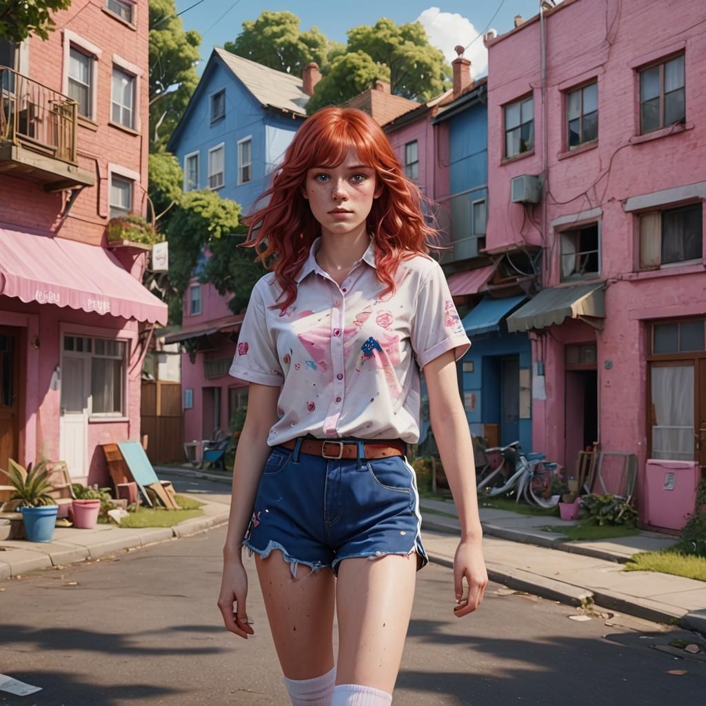 Red-Haired Woman in Pink Outfit, Detailed Matte Painting