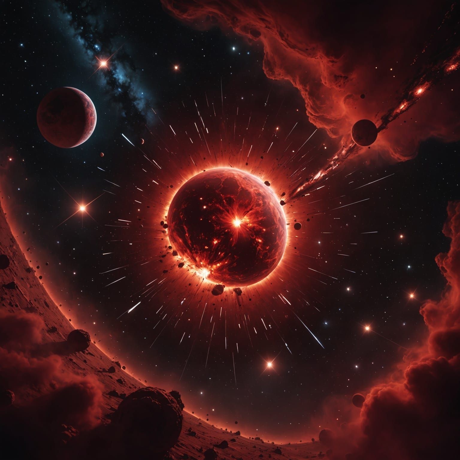 Galactic Explosion of Moons in Deep Red Space