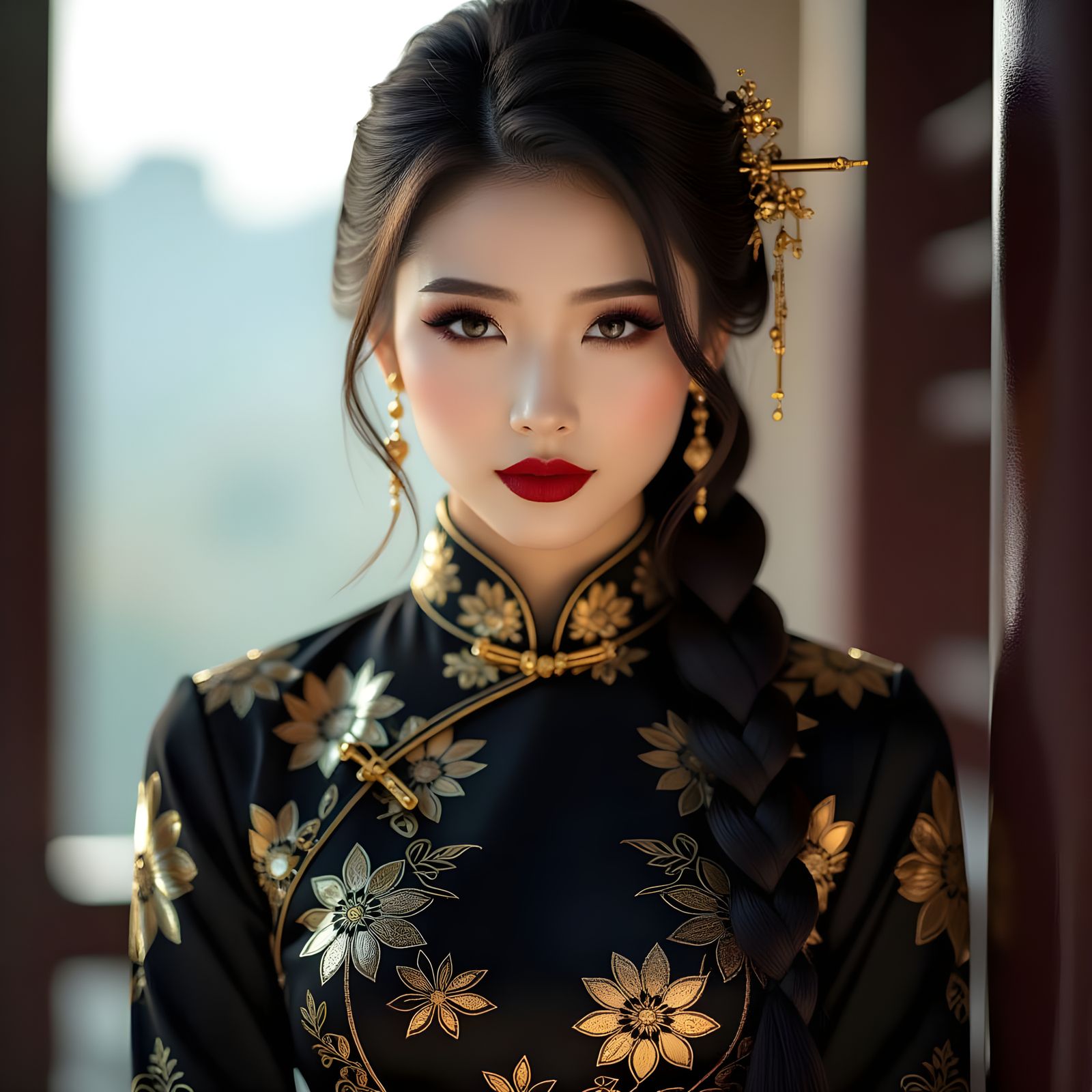 Goth Chinese Girl in Black and Gold Qipao with Braid