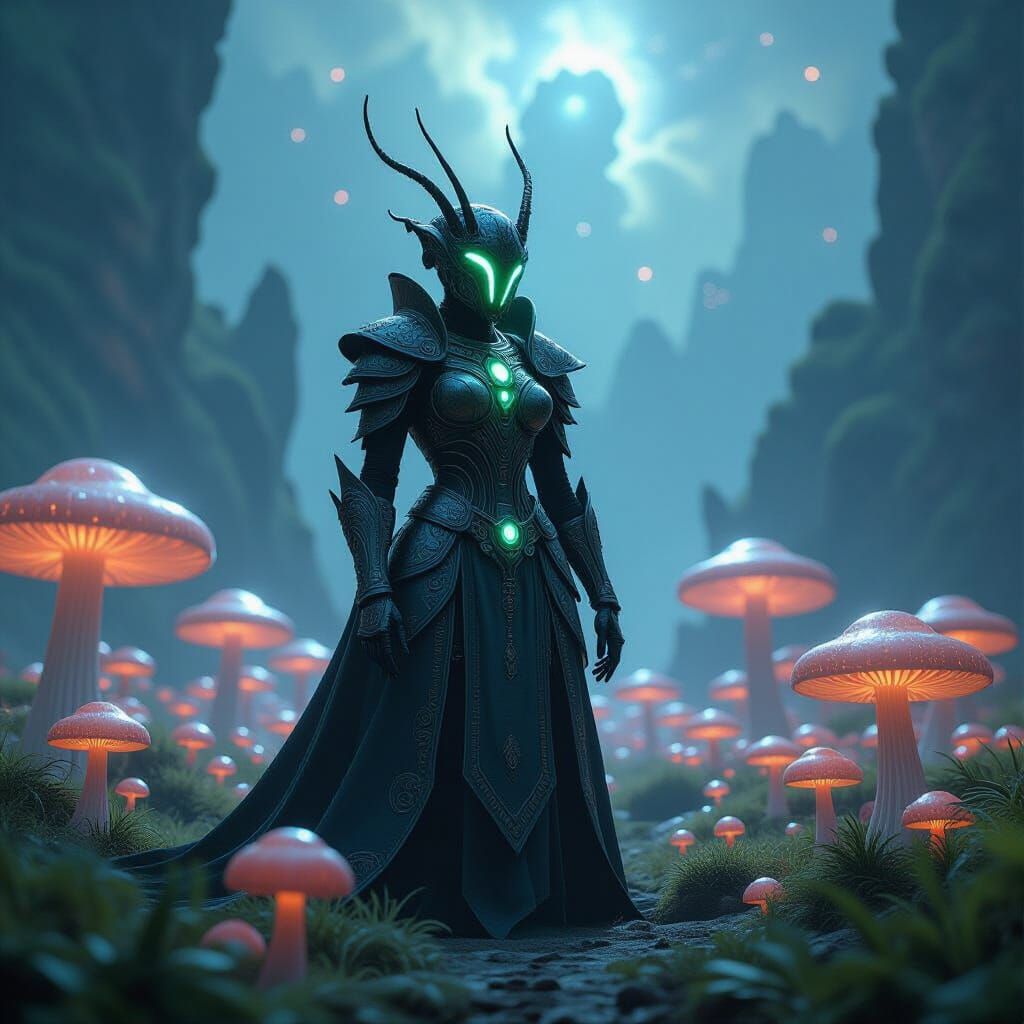 Ancient ant queen, stands amidst a field of giant mushrooms.