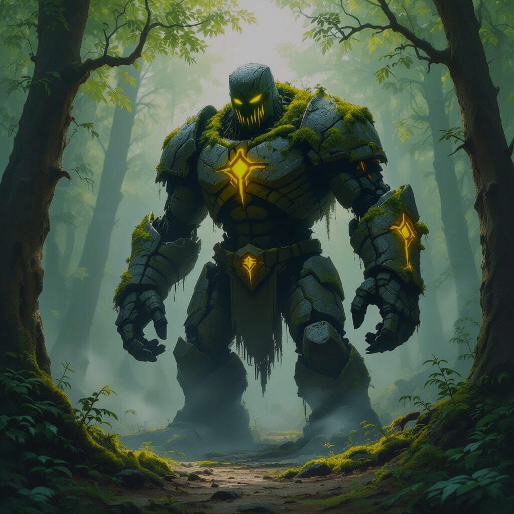 Moss-Covered Stone Golem in Dark Fantasy Forest