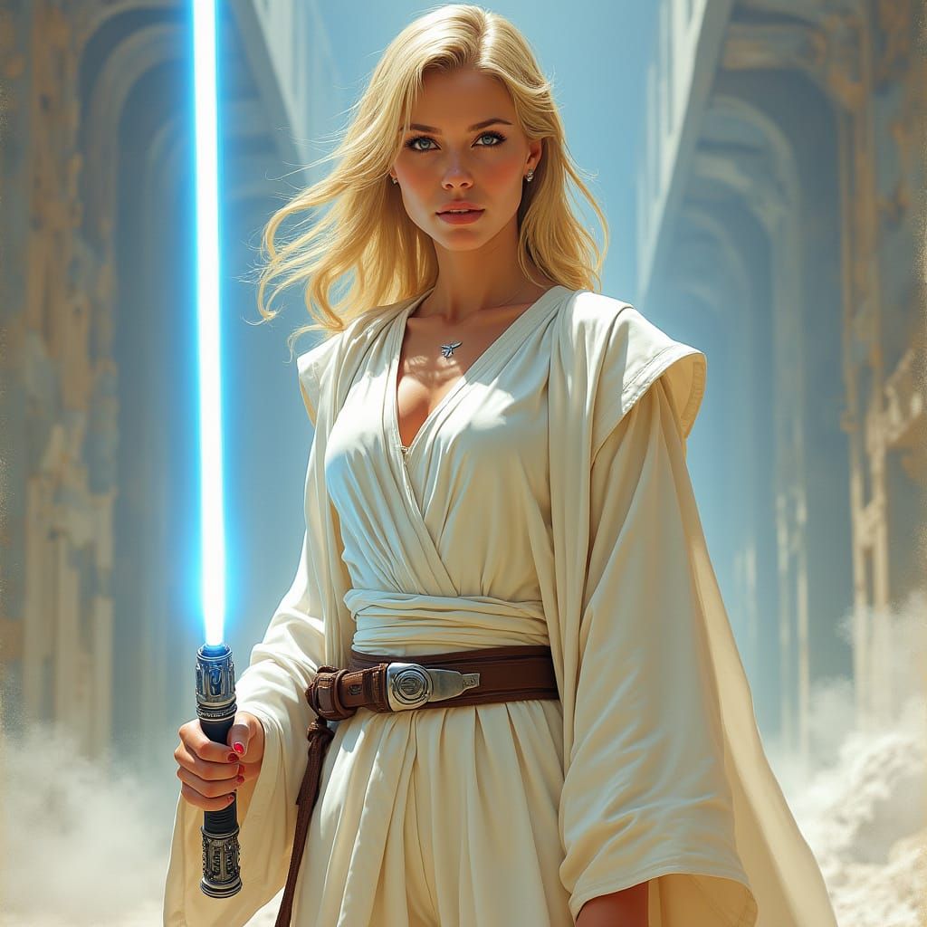 Star Wars female Jedi attractive blonde with large chest holding a blue lightsaber