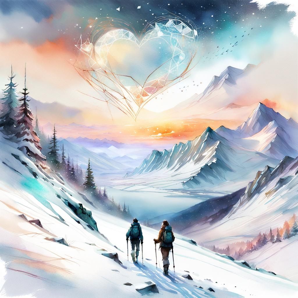 Romantic Snowscape: Couple Hiking Under the Stars