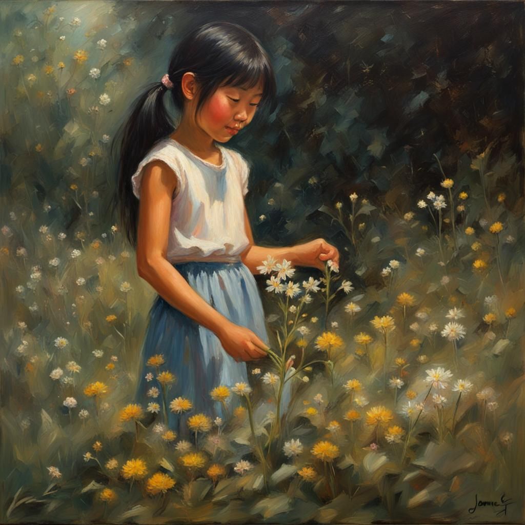 Girl Picking Wildflowers: Oil Painting by Gurney