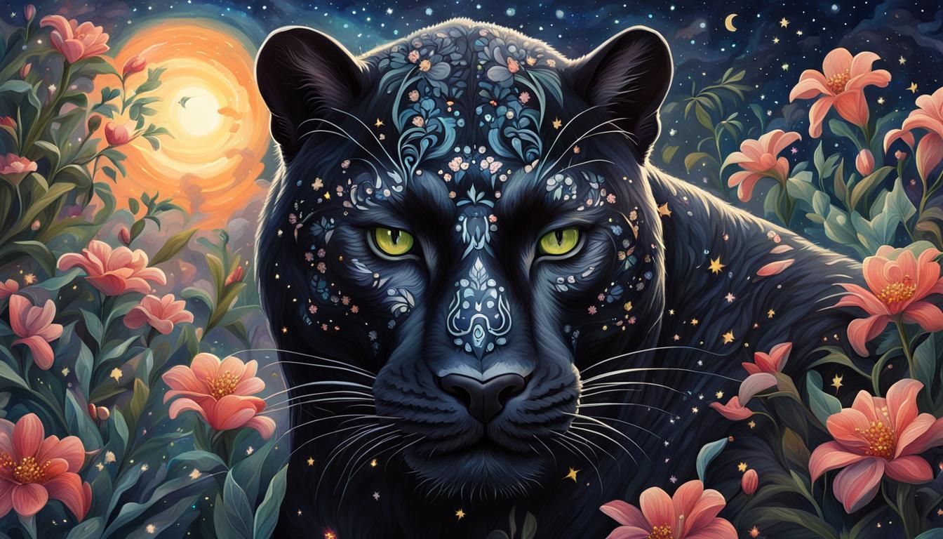 Ornate Black Panther in Jungle, Detailed Oil Painting