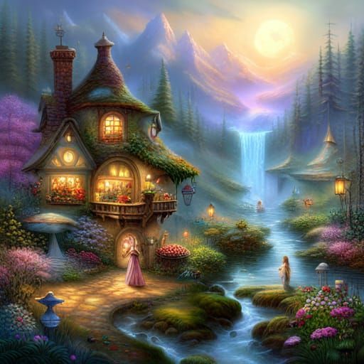 Fairies in Mushroom Village: Ethereal Digital Painting