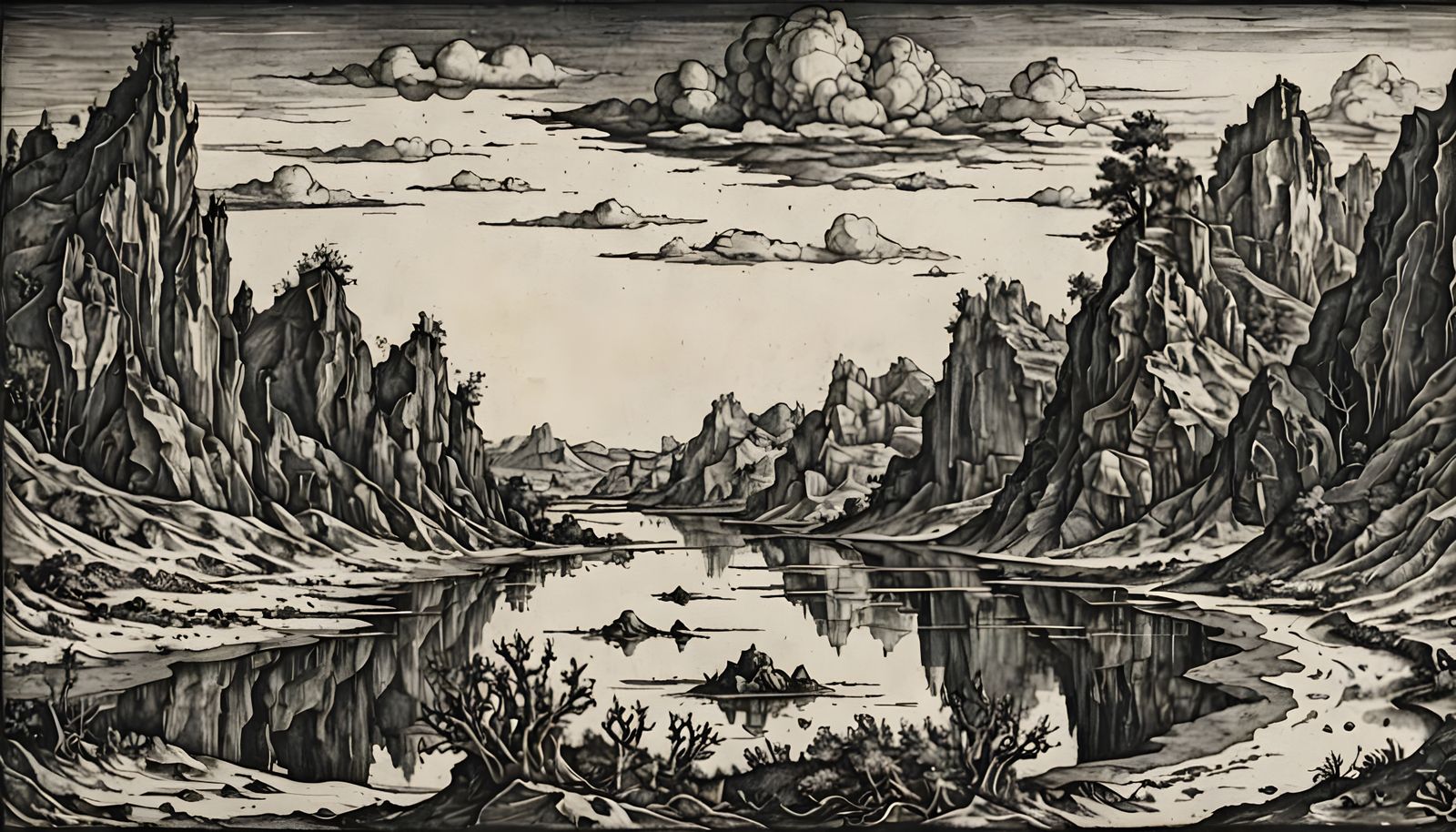 River Delta Oasis in Black and White Woodcut Style