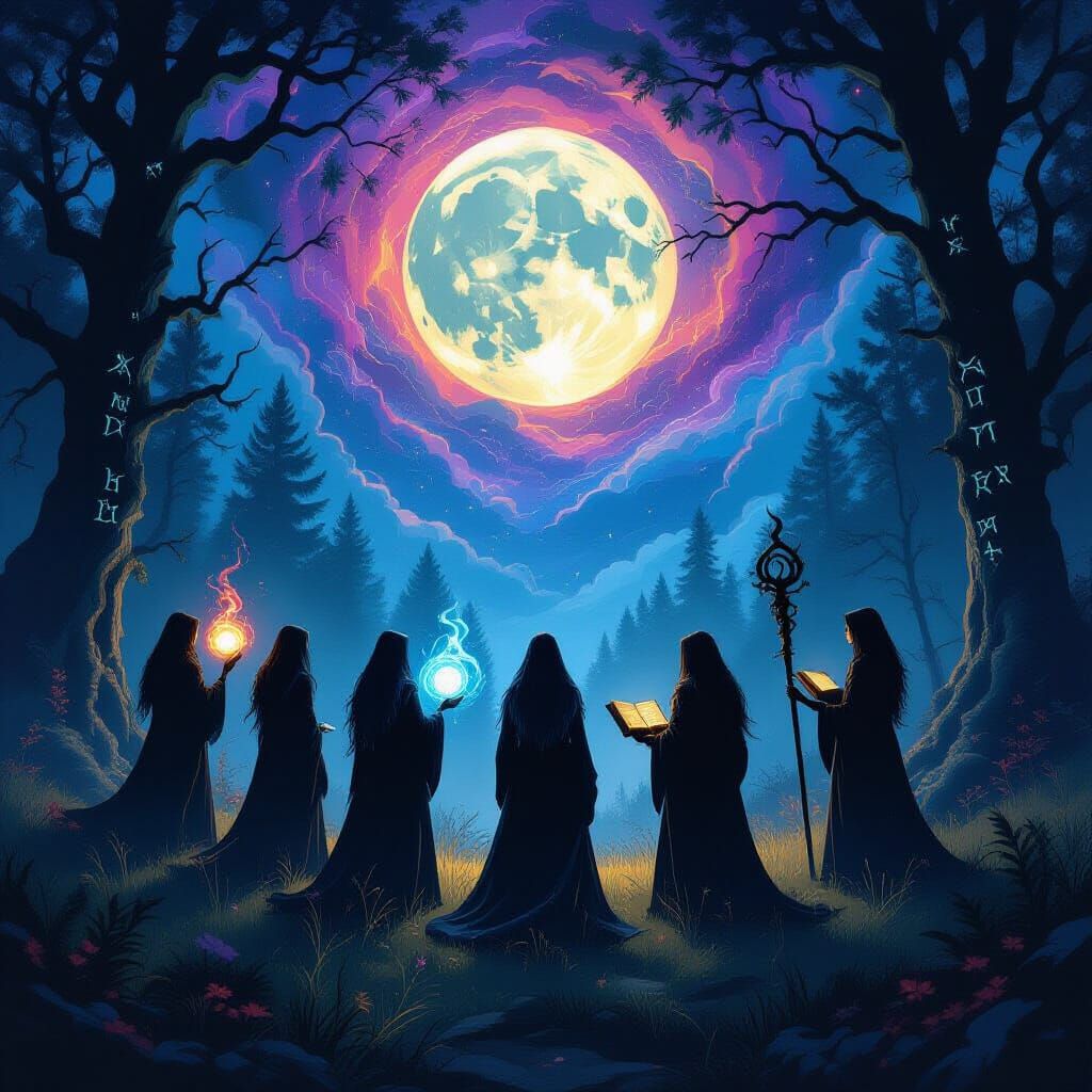 Witches' Coven in Moonlit Clearing, Dark Fantasy Art