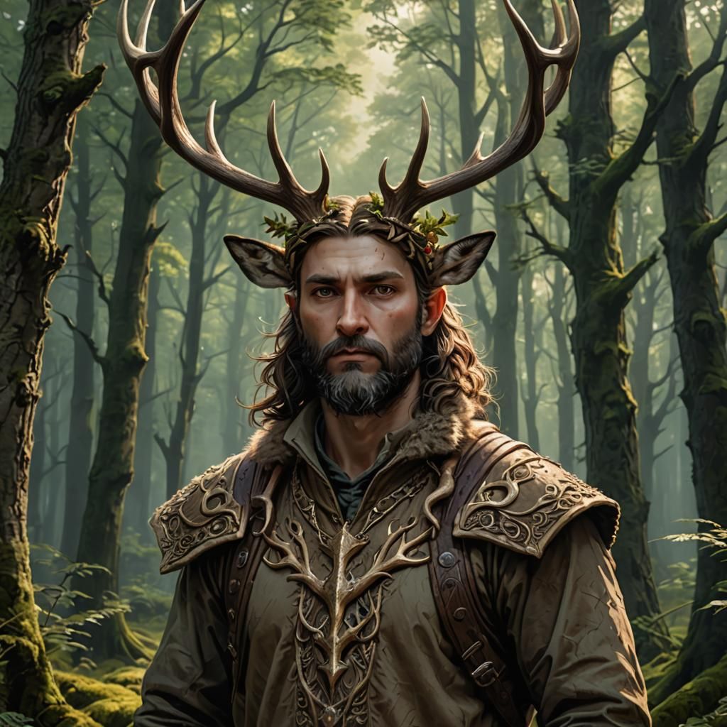 Detailed Forest Deer-Man Gazing at Viewer