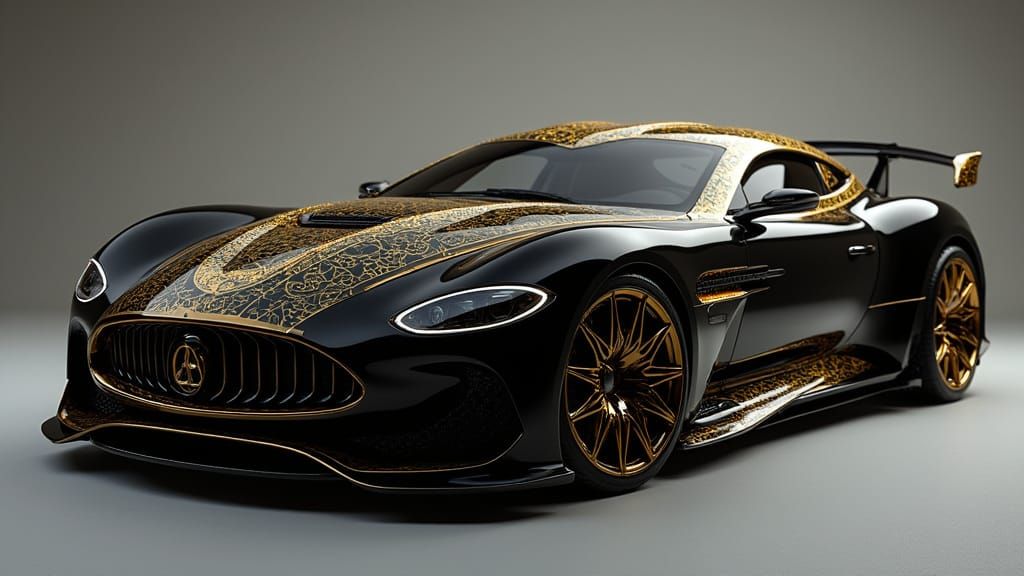 Streamlined Black Car with Gold Accents
