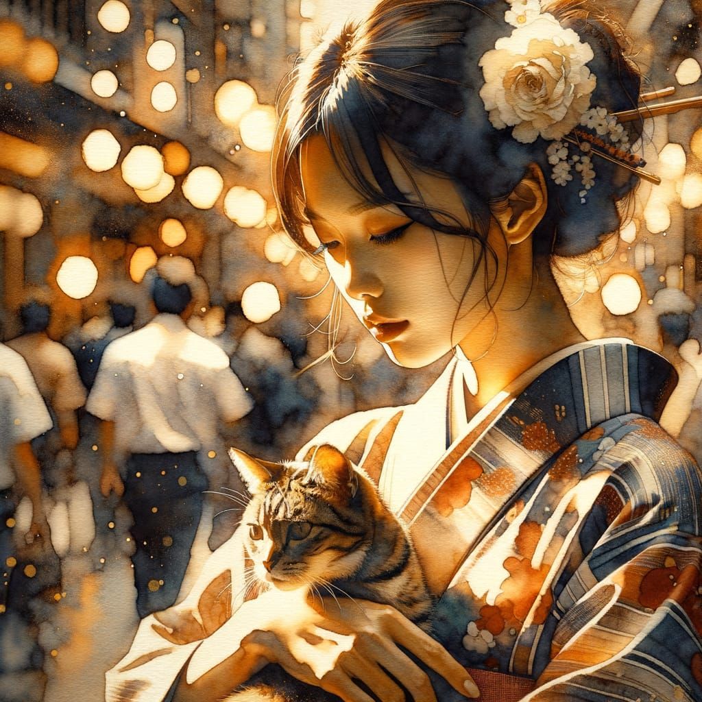 Japanese Woman with Cat in Summer Kimono Watercolor